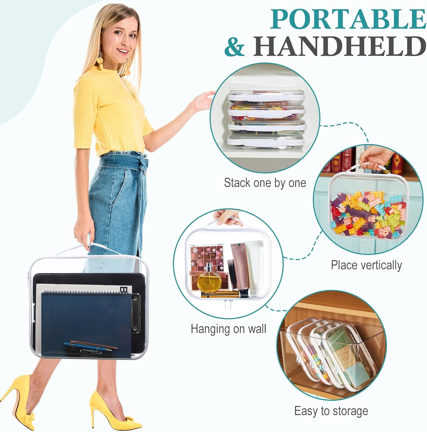 Sanwuta 4 Pcs Clear Hard Zipper Case with Handle Office Storage Cases Hard Plastic Pouches Transparent Bins for Toys, Snacks, Cosmetics, Building Blocks, Puzzles(13.8 x 11.8 x 2 Inches,White)-FemmiqueWomen