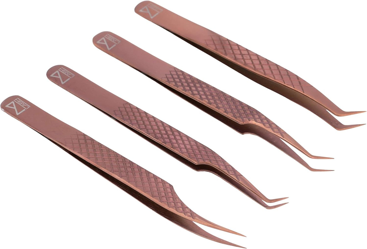 M LASH Eyelash Extension Tweezers (Set of 4) - Professional & Precision Lash Tweezers for Eyelash Extensions - Japanese Steel, Diamond Grip, Fiber Tip V3 (Rose Gold)-FemmiqueWomen