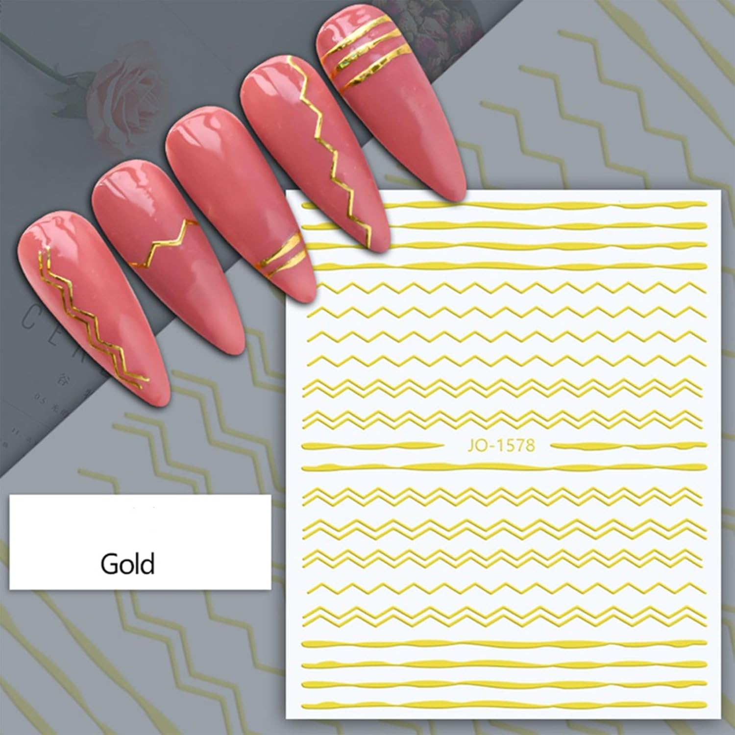 12 Sheets Gold Nail Stickers, 3D Self-Adhesive Metal Geometric Stripe Wave Nail Sticker, Gold Nail Art Designs, Style-c-FemmiqueWomen
