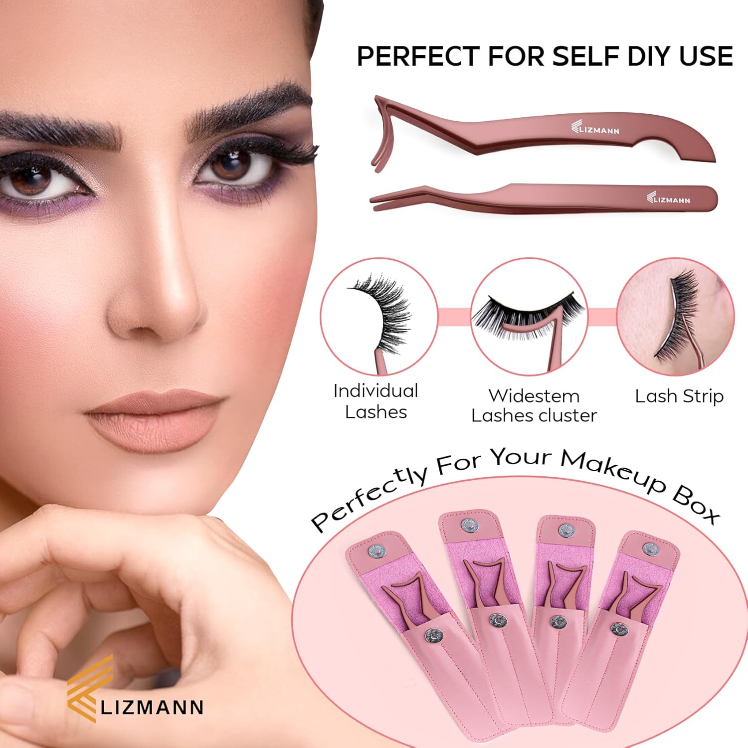 LIZMANN Eyelash Applicator Tweezers 2 PCS Tool for False Eyelash Application & Lash Extensions, Mistake-Proof Lash Placement Tweezers for Professional and DIY Use-FemmiqueWomen