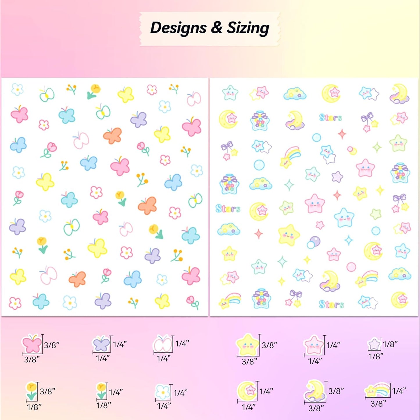 10 Sheets of 3D Nail Stickers - 719 Cute Nail Decals - Embossed Nail Stickers for Kids | Kawaii Theme - Butterfly, Flowers, Cats, Bunny, Stars, Fruits | Glow in The Dark-FemmiqueWomen