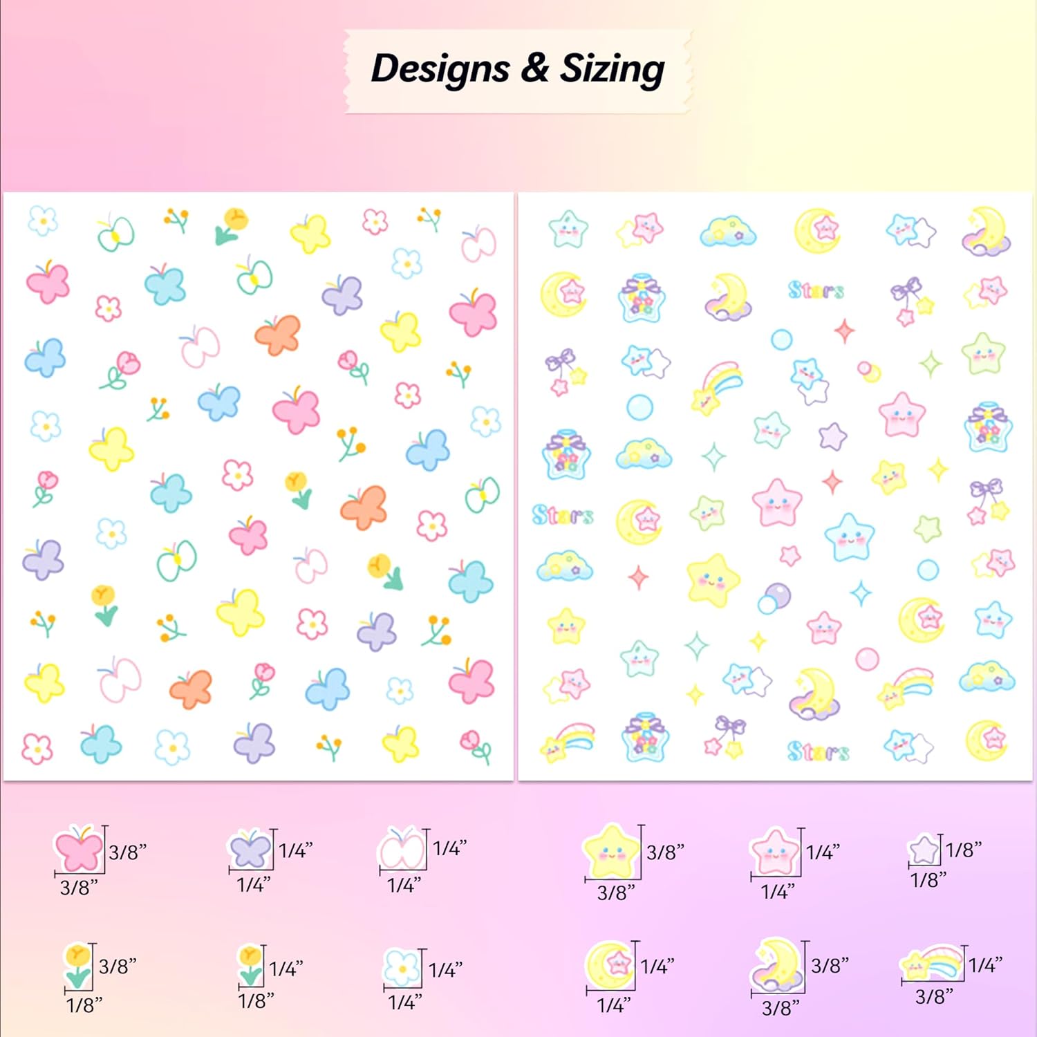 10 Sheets of 3D Nail Stickers - 719 Cute Nail Decals - Embossed Nail Stickers for Kids | Kawaii Theme - Butterfly, Flowers, Cats, Bunny, Stars, Fruits | Glow in The Dark-FemmiqueWomen