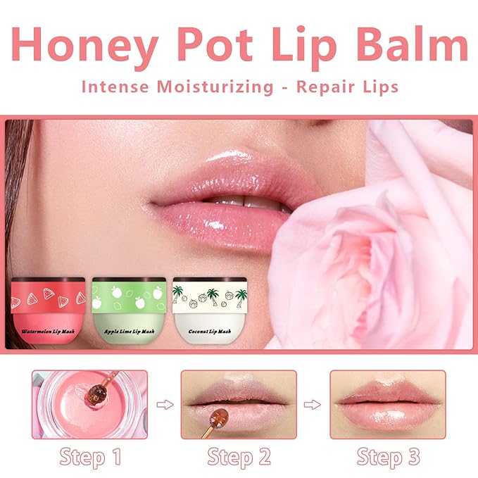 3 Pcs Bee Lip Balm Honey Pot, Coconut Watermelon Apple Lime Lip Mask Overnight, Moisturizing Lip Sleeping Mask, Hydrate Repair Prevent Dry Cracked Lip Exfoliator (Coconut +Watermelon+Apple Lime)-FemmiqueWomen