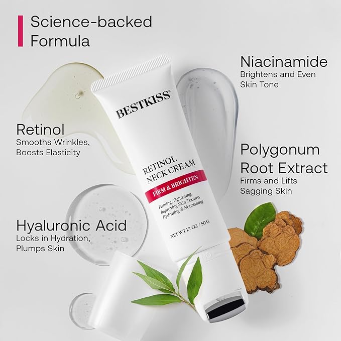 Retinol Neck Firming Cream with Cooling & Massaging Roller Applicator - Hydrates, Lifts, Smoothes Wrinkles, Fine Lines & Tightens Sagging Skin with Niacinamide & Hyaluronic Acid, 1.7oz/50g-FemmiqueWomen