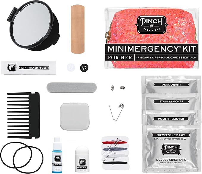 Pinch Provisions Coral Glitter Minimergency Kit, includes 17 Travel-Sized Cosmetic Essentials, Convenient for Purses, Emergency Beauty Accessories, Gifts for Holiday’s & Birthday’s-FemmiqueWomen