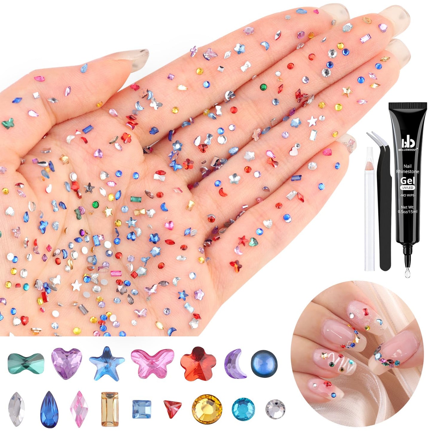 1.2-3 MM 4700 PCS Muliti Shape Colorful Rhinestones for Nail Art, 3D Resin Flatback Bedazzling Gems Mini Flower Bow Heart Star Butterfly, Gems Kit with Tweezers, Pickup Pencil and 15ML Nail Glue-FemmiqueWomen