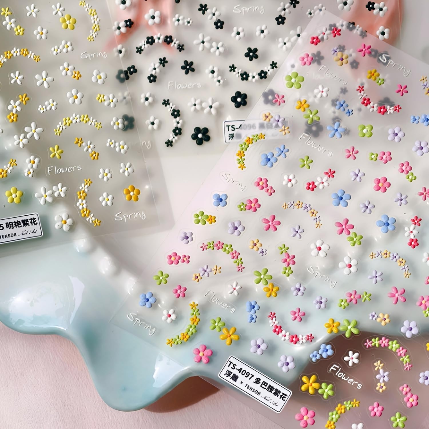 3 Sheets Flower Nail Art Stickers 5D Embossed Colorful Summer Spring Nail Stickers for Nail Art Cute Daisy Nail Decals Self Adhesive Flower Nails Supplies Spring Nail Design for Women Girls-FemmiqueWomen