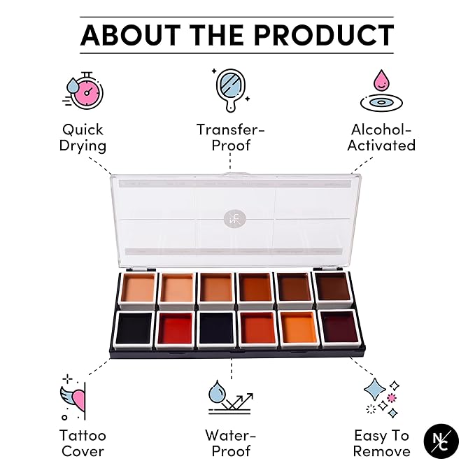 12 Color Dark Flesh Tone Alcohol Activated Makeup Palette for Special Effects - Waterproof Dark Flesh Tone Makeup for Professional Makeup Artists-FemmiqueWomen