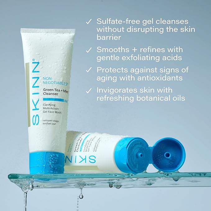 SKINN Daily Morning Face Wash, Green Tea + Mint Cleanser, 4oz - Gentle Exfoliating Facial Cleanser for All Skin Types - Formulated with Antioxidant & Botanical Oils & Salicylic Acid-FemmiqueWomen