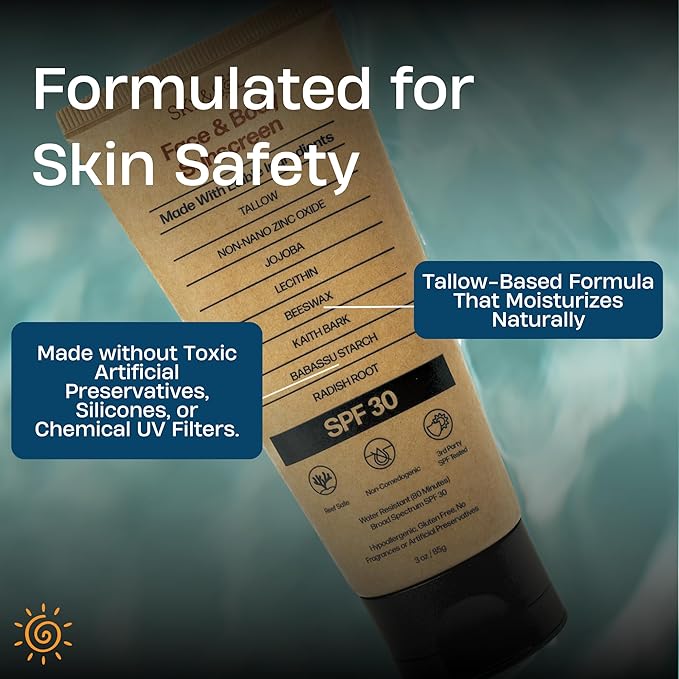 Natural Mineral Sunscreen SPF 30 3 oz: Natural Tallow & Zinc Oxide, Reef Safe, Water Resistant, Fragrance-Free, Non-Greasy Formula for Face and Body-FemmiqueWomen