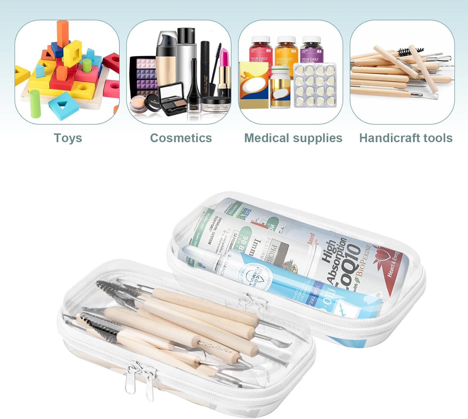 Set of 2 - Hard Sided Clear Zipper Case for Storage - Professional-Grade Plastic Hard Shell Zippered Organizers, Cosmetic Bag, Snack Bins-FemmiqueWomen