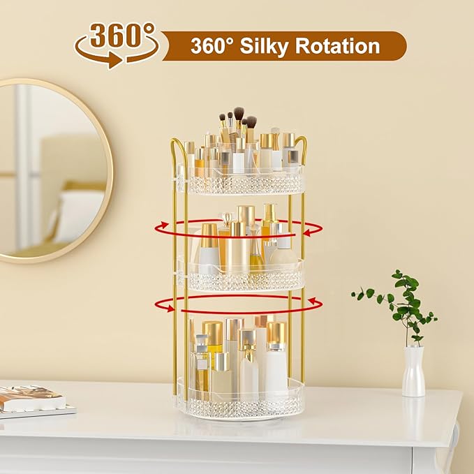 Rotating Makeup Organizer for Vanity 3 Tier, Perfume Organizer with Makeup Brush Holder, Large Capacity Cosmetics Clear Skincare Organizer for Countertop (Transparent)-FemmiqueWomen