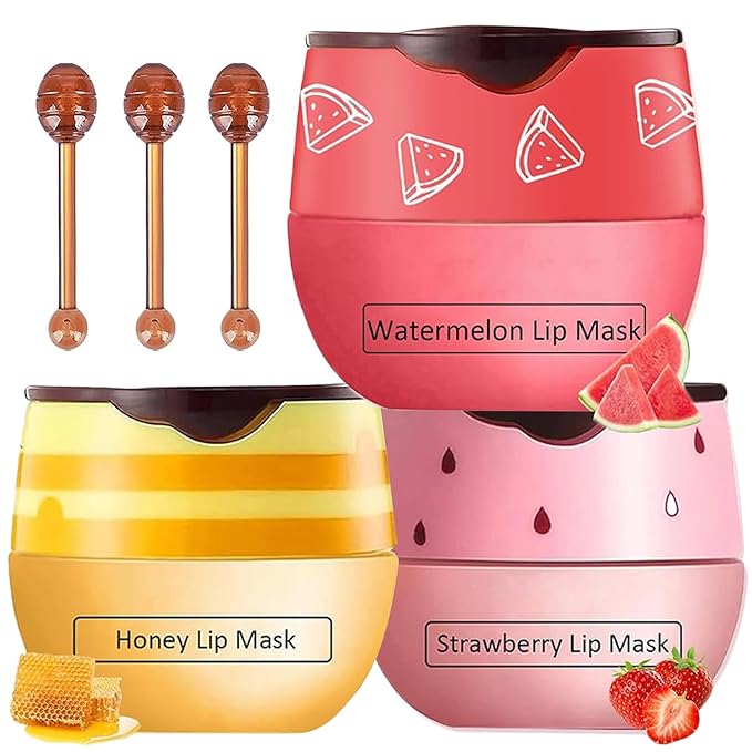 3 PCS Bee Lip Mask Honey Pot Lip Balm,Strawberry Watermelon Lip Mask Overnight Hydrating Dry and Crack Lip Scrubs Exfoliator Propolis Lip Sleeping Mask (Strawberry & Watermelon & Honey)-FemmiqueWomen