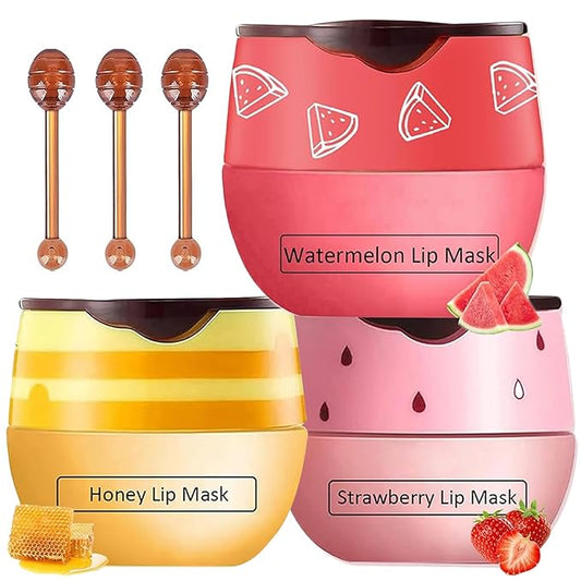 3 PCS Bee Lip Mask Honey Pot Lip Balm,Strawberry Watermelon Lip Mask Overnight Hydrating Dry and Crack Lip Scrubs Exfoliator Propolis Lip Sleeping Mask (Strawberry & Watermelon & Honey)-FemmiqueWomen