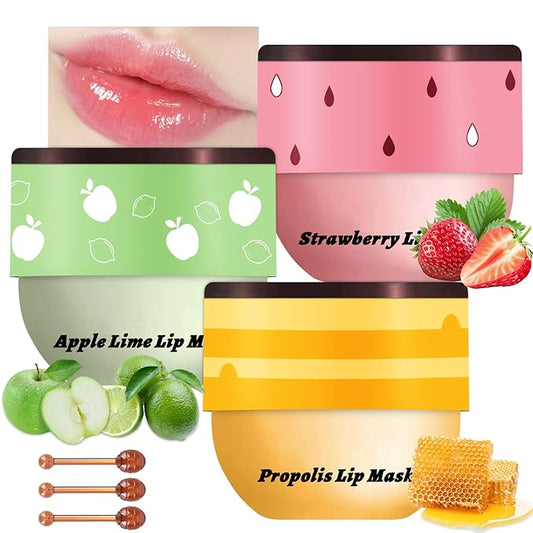 3 PCS Bee Lip Balm Honey Pot, Honey & Strawberry & Apple Lime Lip Mask Overnight Propolis Moisturizing Lip Balm Hydrating Prevention Dry and Crack Lip Scrubs Exfoliator Lip Wrinkle Care (Set A)-FemmiqueWomen