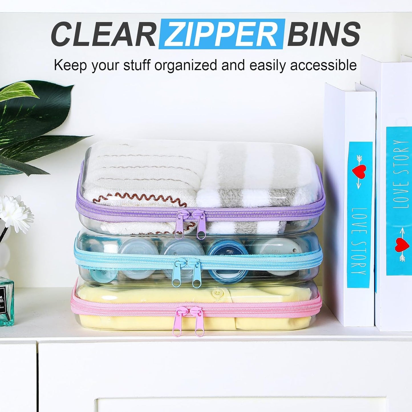 Hoolerry 3 Pcs Clear Hard Zipper Case Plastic Pouch Transparent Hard Case Clear Makeup Bag Portable Travel Organizer Bin for Cosmetics, Building Blocks, Puzzles (Multicolor,M)-FemmiqueWomen