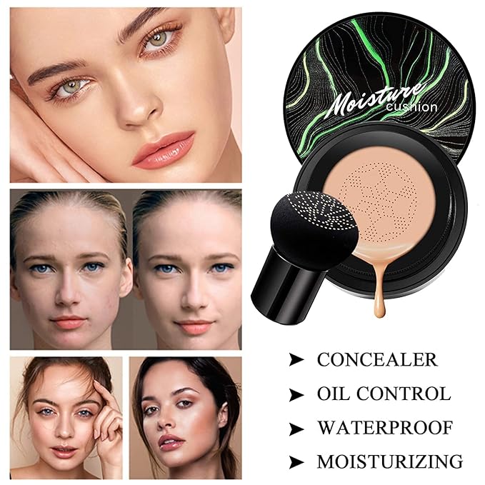 2 PCS Mushroom Head Air Cushion CC Cream Nature Foundation,Foundation Brush Powder Brush,Moisturizing Concealer, Bright Makeup Base Long Lasting with Mushroom Makeup Sponge(#03 Warm Nude)-FemmiqueWomen