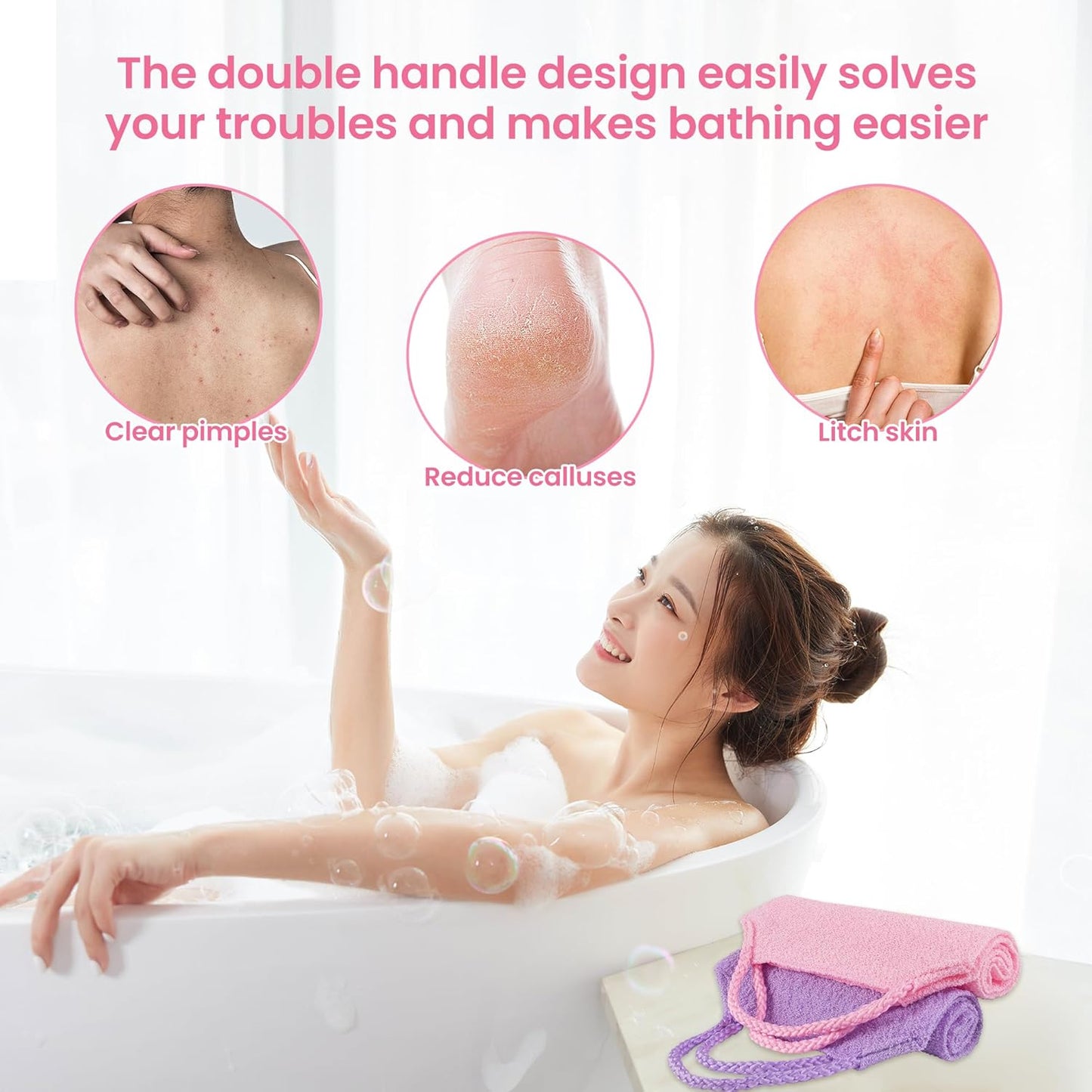 3 Pcs Double-Sided Back Exfoliator Body Scrub Towel, Exfoliating Back Scrubber with Handles,Exfoliating Washcloth Bath Tool in Shower, Stretchable Back Washer to Deep Cleans Skin (Pink)-FemmiqueWomen