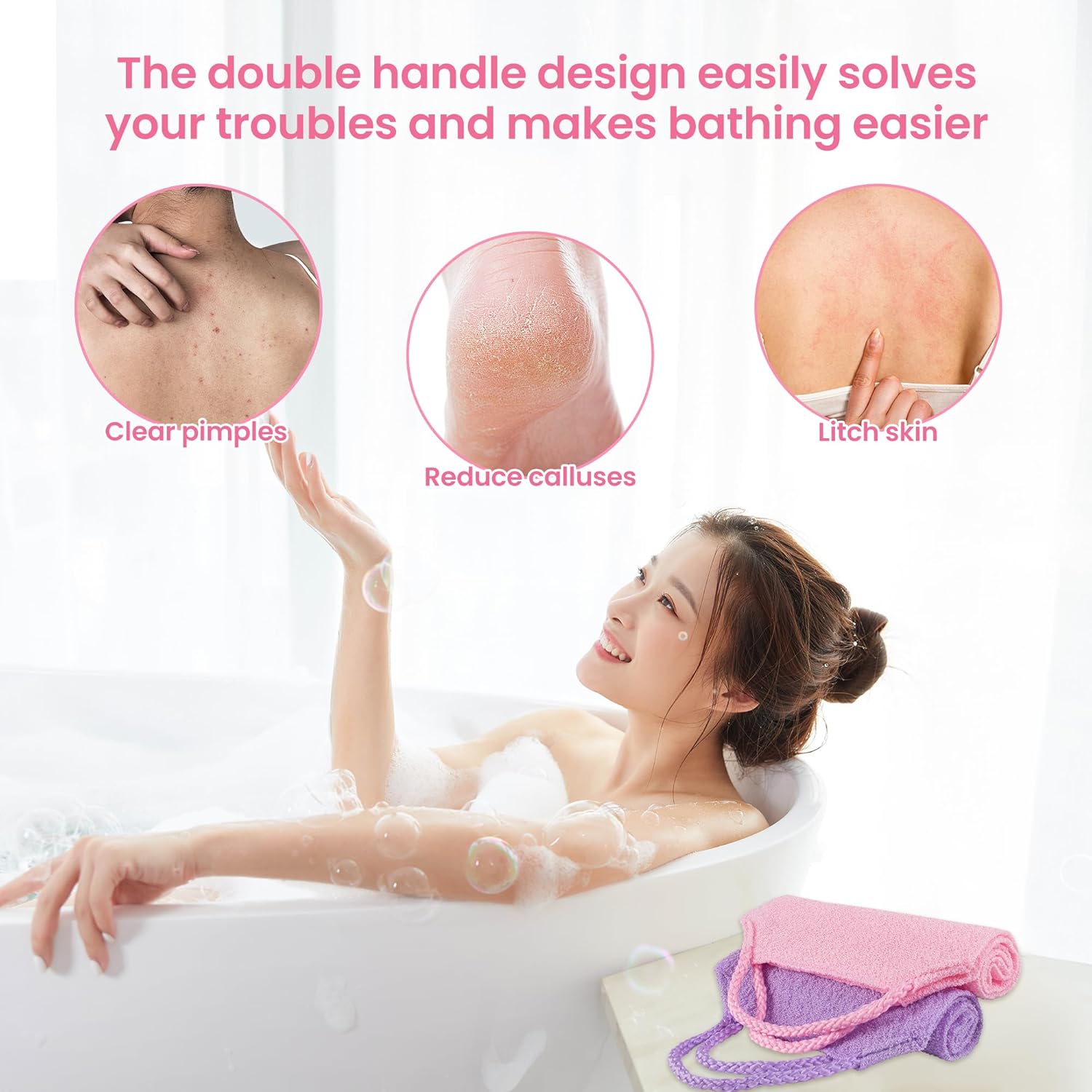 3 Pcs Double-Sided Back Exfoliator Body Scrub Towel, Exfoliating Back Scrubber with Handles,Exfoliating Washcloth Bath Tool in Shower, Stretchable Back Washer to Deep Cleans Skin (Pink)-FemmiqueWomen