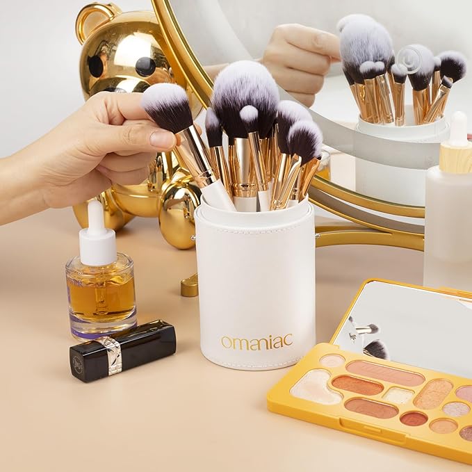 OMANIAC Makeup Brush Set Professional, 12 Pearlescent Wood Handle Makeup Brushes, Premium Cruelty-Free Synthetic Fiber Hair, Travel Make up Brushes Set with Case (White).-FemmiqueWomen