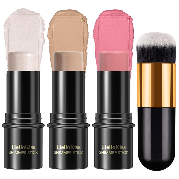 3 Pcs Face Contour Stick Kit, Matte Finish Face Stick Trio with Bronzer Blush Highlighter and Brush, Long Lasting Waterproof Cream Beauty Wand Makeup Set for Sculpt Glowing Face Look (#1, 8, 13)-FemmiqueWomen