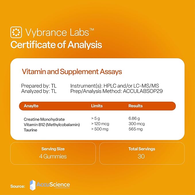 Creatine Gummies 5g Monohydrate + Taurine & B12 - Sugar-Free, Vegan, Gluten-Free - Citrus Mango - 120 Count (30 Servings) for Strength, Energy & Focus