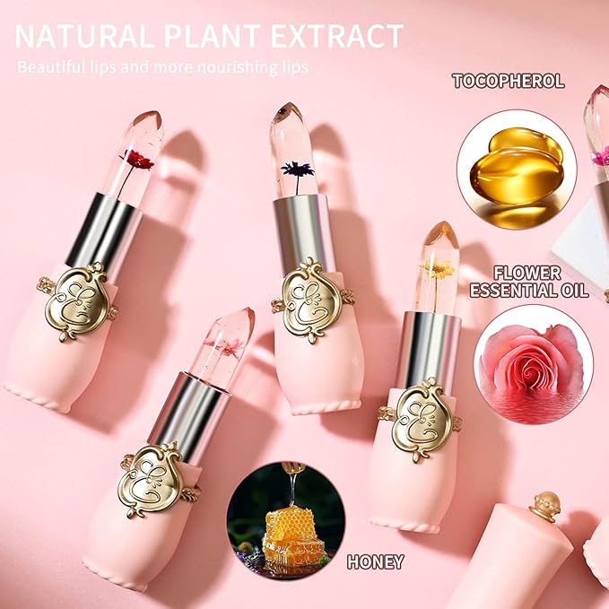 3 Pcs/Set Flower Jelly Lipstick Set Temperature Change Moisturizer Long Lasting Nutritious Balm Magic Color Change Lip Gloss (Flower Jelly Lipstick 040506)-FemmiqueWomen