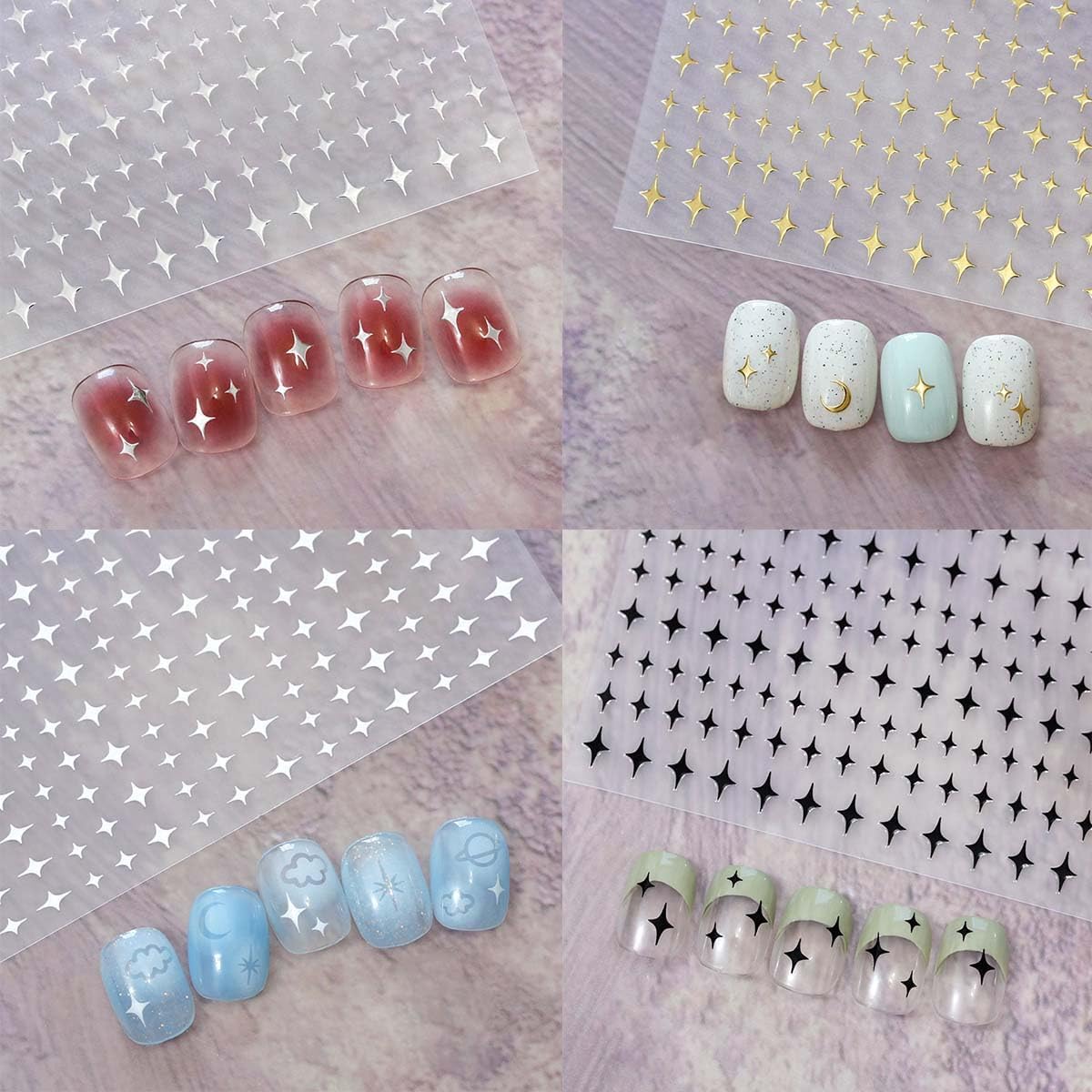 12 Sheets Star Nail Stickers Moon Letter Nail Art Stickers 3D Embossed Self Adhesive Nail Decals Rose Gold Silver Holographic Nails Design Nail Art Decals for Women Manicure DIY Decoration-FemmiqueWomen