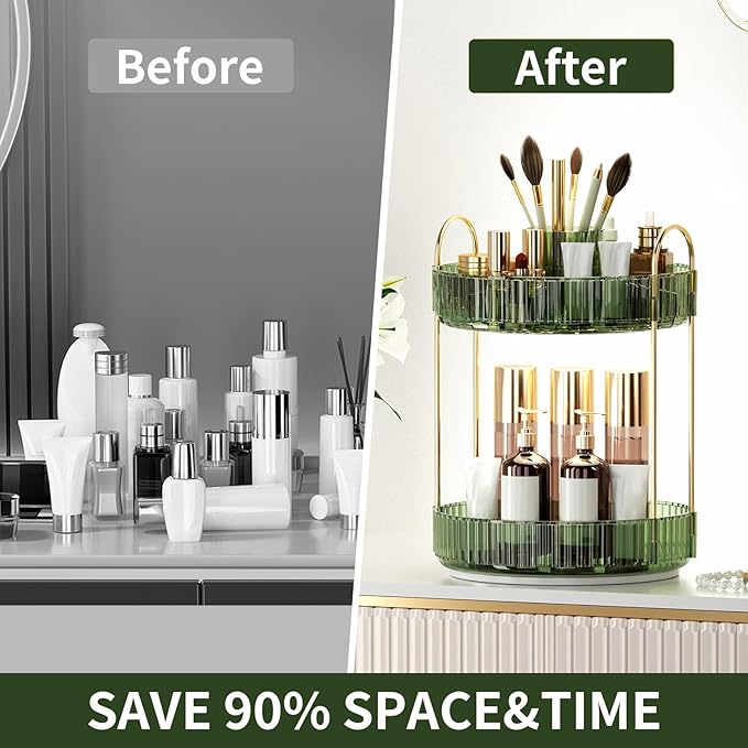 360° Rotating Makeup Organizer, Large-Capacity Skincare Make Up Storage 2 Tier Perfume Organizers Cosmetic Dresser Organizer with Makeup Brush Holder, Fits Bedroom, Bathroom, Vanity Shelf Countertop-FemmiqueWomen