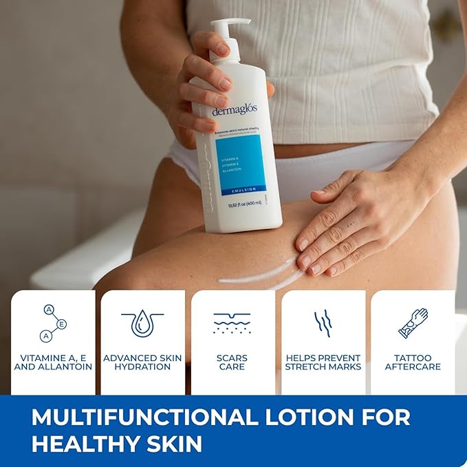 Dermaglos 2-pack Moisturizing Body Lotion for Dry Skin with Extra Vitamin A, Vitamin E & Allantoin | Hydrating & Regenerating formula for Stretch Marks, Tattoos, Scars & Wrinkles | 13.52 Fl Oz.-FemmiqueWomen