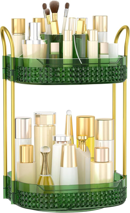 360° Rotating Makeup Organizer 2 Tier, Large Skincare Clear Make Up Storage Spinning Perfume Organizers for Bathroom Counter Dresser, Green-FemmiqueWomen