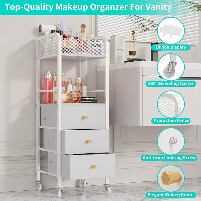 HapiRm Rolling Makeup Cart Organizer - Floor Skincare Make Up Storage with 3 Drawers, Vanity Organizer Cosmetic Display Cases Holder for Skin Care Perfume Nail Polish Brush Hair Tool, White-FemmiqueWomen