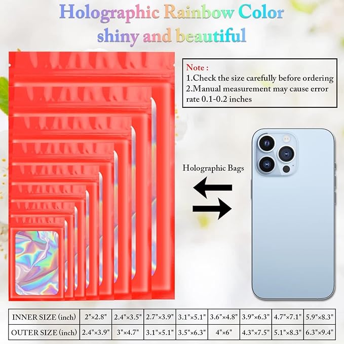 100 Pieces Smell Proof Mylar Resealable Bags, Holographic Packaging Bags, Resealable Odor Foil Pouch Zip Bag with Clear Window for Food Storage and Lipgloss, Jewelry Lash (Red, 3.5 x 6.3 Inch)-FemmiqueWomen