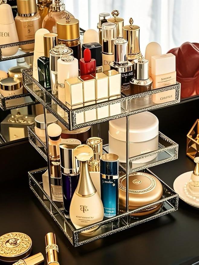 Vintage Glow Antique 360 Degree Rotating Makeup Organizer,4-Tier Spinning Perfume Tray,Countertop Cosmetic Storage,Glass Beauty Display,Retro Large Capacity Vanity Organizer for Brushes Skincare-FemmiqueWomen