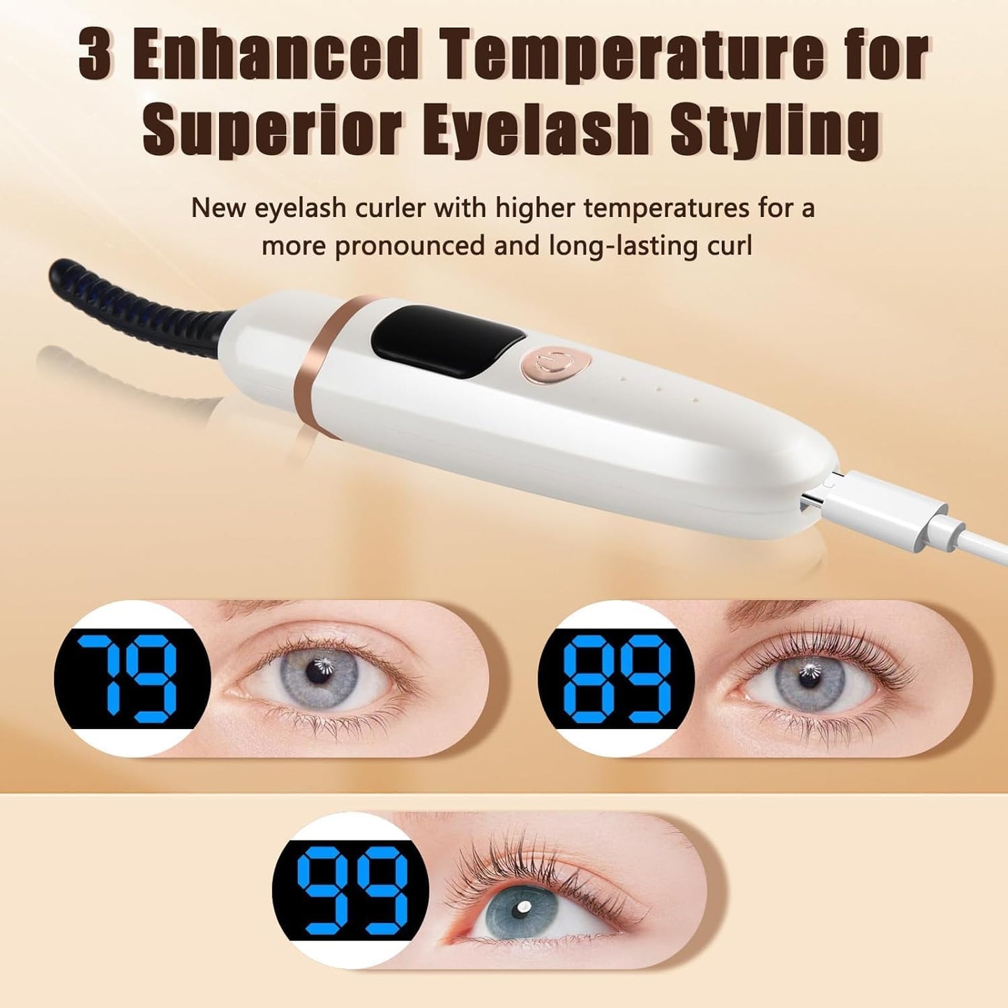 Heated Eyelash Curlers with Battery Indicator, Electric Eyelash Curler 3 Temperature Modes LED Display USB Rechargeable Makeup Tools, Heated Lash Curler Ideal Gift for Women WF72-FemmiqueWomen