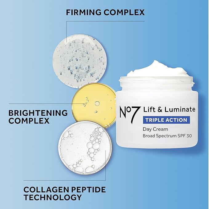 No7 Lift & Luminate Triple Action Face Cream - Fragrance Free Face Moisturizer with SPF 30 - Formulated with Anti Aging Collagen Peptides & Brightening Complex (2 Pack)-FemmiqueWomen