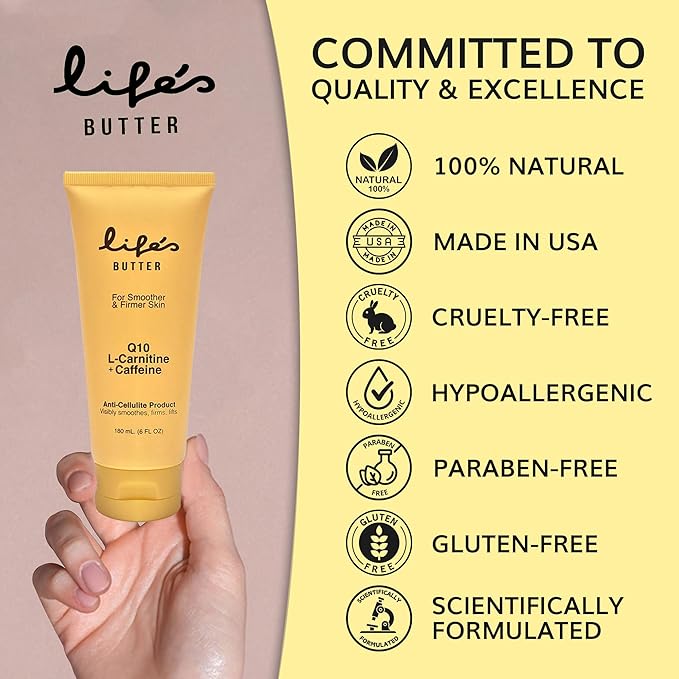 LIFE'S BUTTER Anti-Cellulite Cream - 100% Natural - Made in USA - Cruelty-Free - Hypoallergenic - Best Cellulite Reduction - Skin Firming + Tightening for Women L-Carnitine + CoQ10 + Caffeine – 6oz-FemmiqueWomen