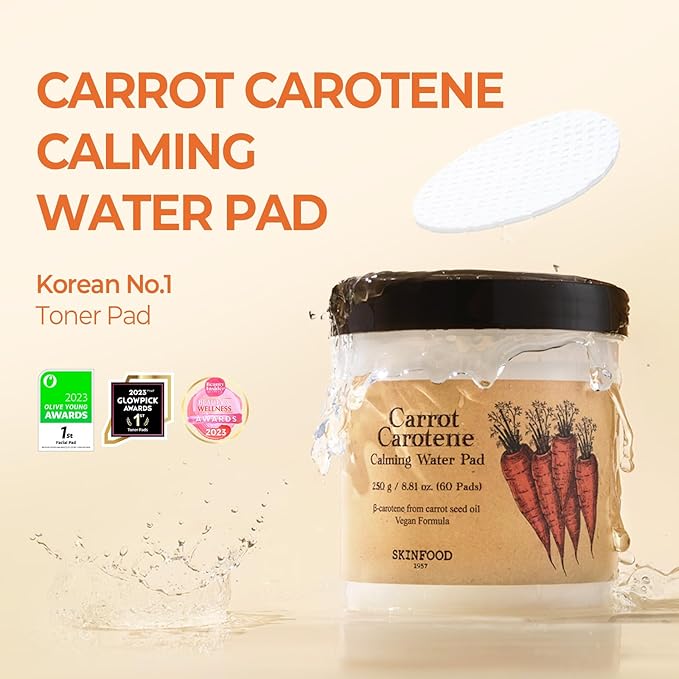 SKINFOOD Carrot Carotene Calming Water Toner Pads, Korean Skin Care Toner Pad for Face, Deep Hydrating, Soothing, After Sun Skincare for Sensitive Skin, Redness Relief, 100% Cotton, 8.81 oz (60 Pads)-FemmiqueWomen