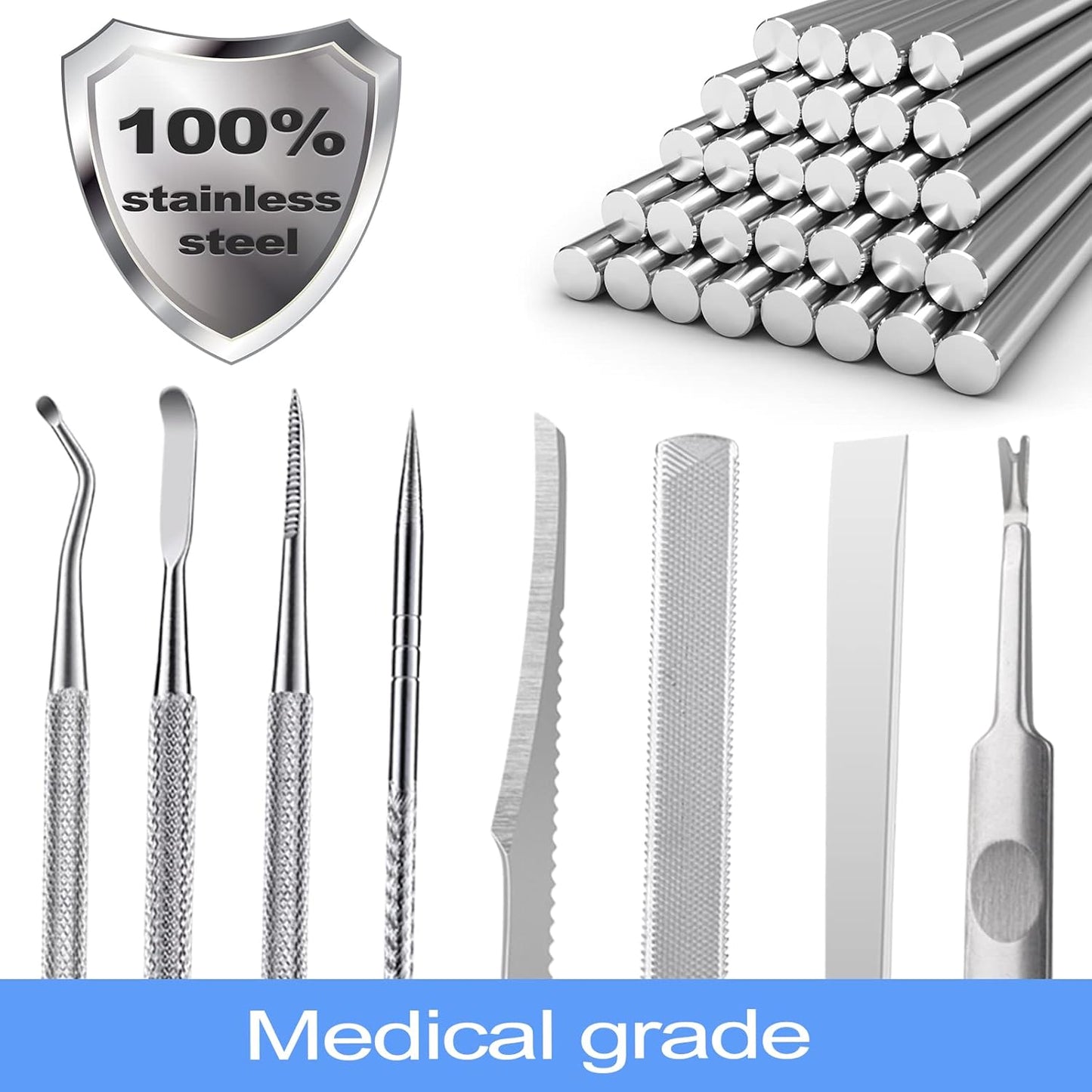 Ingrown Toenail Tool Removal Tool Kit, 10PCS Surgical Stainless Steel Professional Ingrown Toenail File and Lifters Manicure Care Treatment for Nail Correction Under Sidewall Clean-FemmiqueWomen