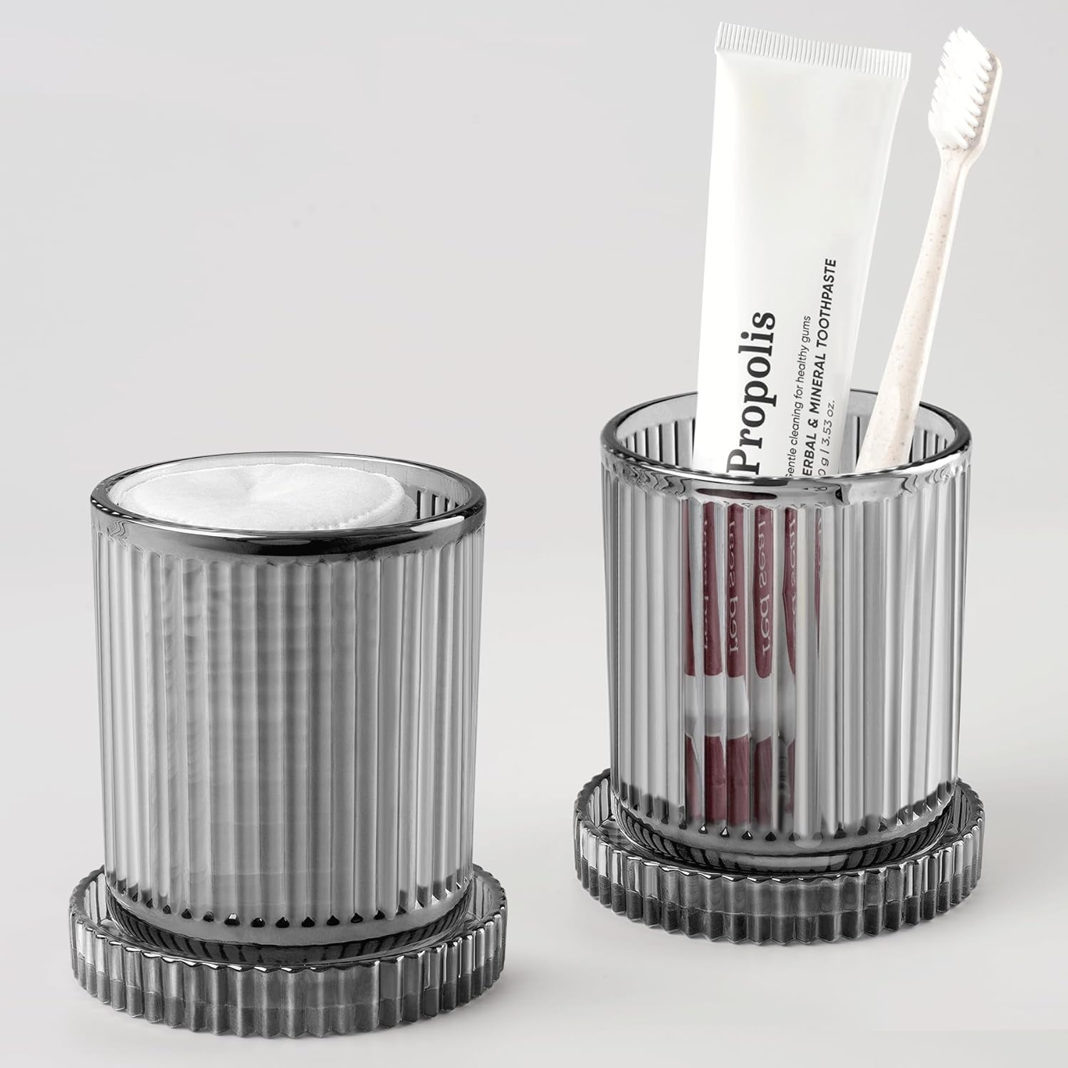 2 Pack Qtip Holder - Apothecary Jars with Lids, Bathroom Organizers and Storage Canister for Cotton Balls,Swabs,Floss Picks,Hair Ties,Clear Glass Vintage Bathroom Decor Jar Set (Gray)-FemmiqueWomen