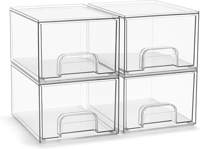 Sorbus Acrylic Storage Containers - 4 Pack, Stackable Storage Bins Set for Bathroom Organization - Clear Acrylic Drawer Organizers - Makeup Case Pull-Out Drawers (4.4’’ Tall)-FemmiqueWomen