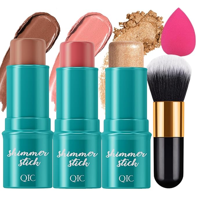 3Pcs Cream Contour Stick, with Highlighter Stick Milk Bronzer Stick Blush Stick, Face Contour Stick with Makeup Brush and Sponge, Easy to Sculpt the Face, Long Lasting, Waterproof-FemmiqueWomen