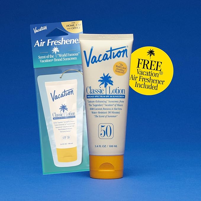 Vacation Classic Sunscreen Lotion SPF 50 & Air Freshener Bundle, Water-Resistant, Lightweight, Transparent on All Skin Tones, Dermatologist-Tested, Vegan, Travel Size, 3.4 Fl. Oz.-FemmiqueWomen