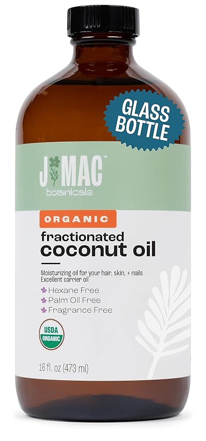 J MAC BOTANICALS Organic Fractionated Coconut Oil (16 Ounce Glass Bottle) Organic Carrier Oil and for DIluting Essential Oils, Moisturizer, Hair Care-FemmiqueWomen