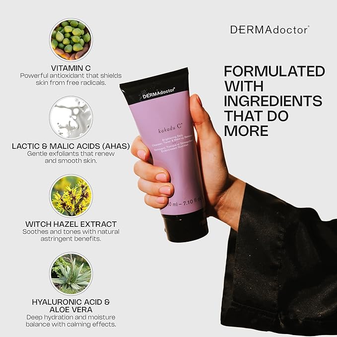 DERMAdoctor Vitamin C Facial Cleanser, Daily Face Wash, Toner, Makeup Remover | High-Potency Vitamin C from Kakadu Plum, Facial cleanser, Face Scrub, Cleanse Pores, Removes oil, Sunscreen, Pollutants-FemmiqueWomen
