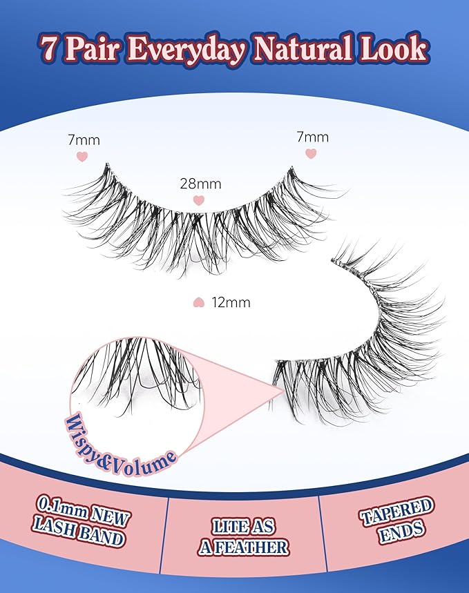 Eyelashes Natural Look Wispy Lashes Flared Strip False Eyelash Short Lash Soft False Eyelashes Fluffy Pack 7 Pairs Everyday 12MM D86-FemmiqueWomen