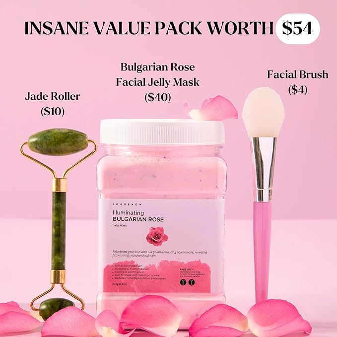Jelly Face Mask for Facials - Bulgarian Rose Hydrating, Brightening & Nourishing Jelly Mask with Free Jade Roller & Spatula | Professional Hydrojelly Masks | Vajacial Jelly Mask Powder | 23 Oz Jar-FemmiqueWomen