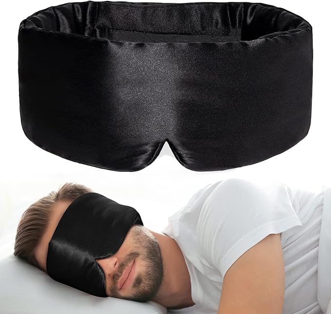 100% Natural Silk Eye Mask for Women Men, Soft Pressureless Cooling Blackout Eye Covers for Sleeping, Large Size Sleep Mask fits All Heads Adjustable, 1PC, Black-FemmiqueWomen