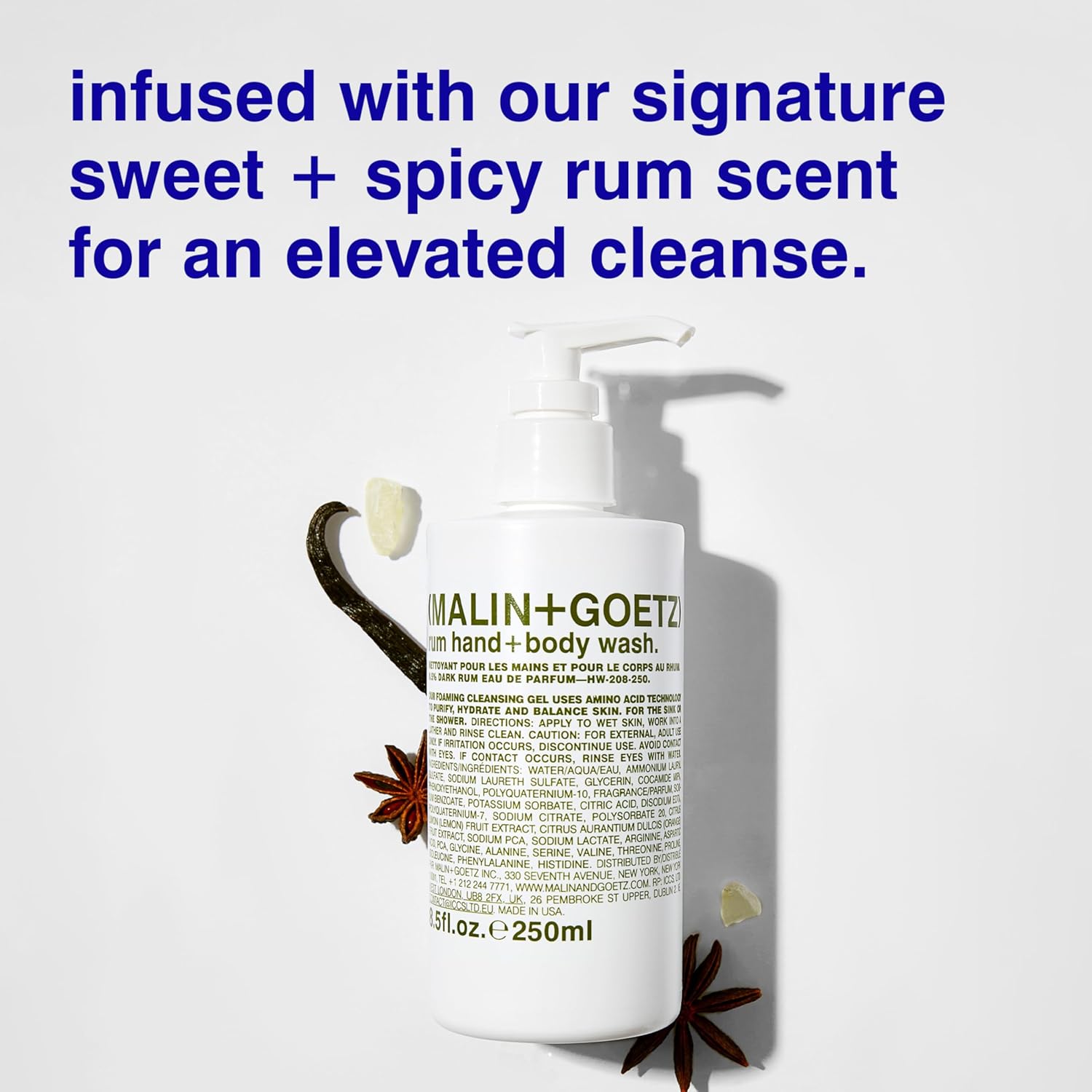 MALIN+GOETZ Rum Hand + Body Wash, 128 Fl. Oz. – Allows Up to 15 Refills, Natural Cleansing, Purifying & Hydrating for Women & Men, For All Skin Types, No Stripping or Drying, Cruelty-Free & Vegan-FemmiqueWomen