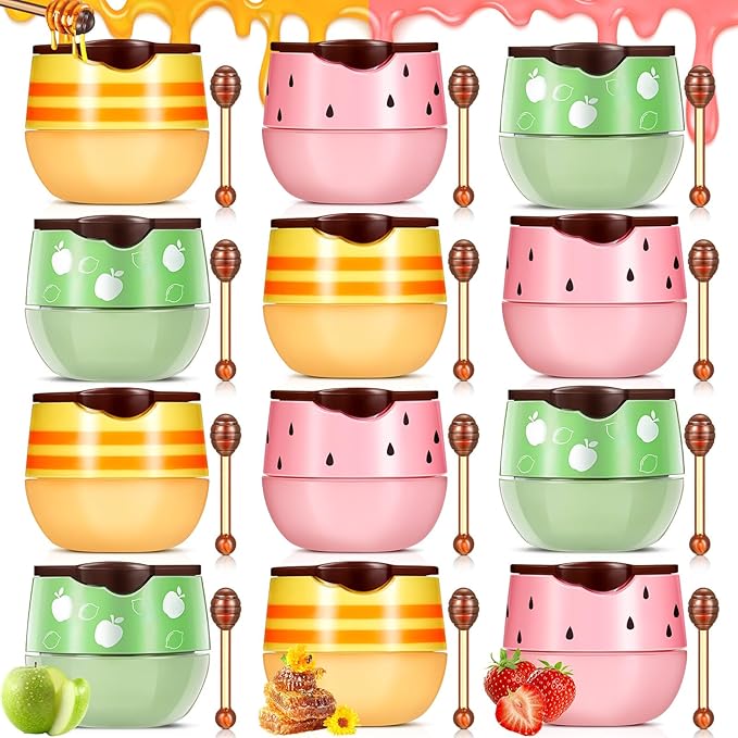 12 Pcs Bee Lip Balm Honey Pot with Brush Propolis Lip Mask Overnight, Moisturizing Hydrating Lip Sleeping Mask Prevention Dry and Cracked(Honey+Strawberry+Apple Lime)-FemmiqueWomen